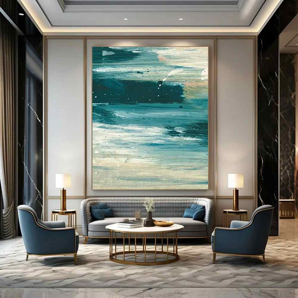 Blue Original Hand-painted Coastal Minimal Artwork W0ZO4